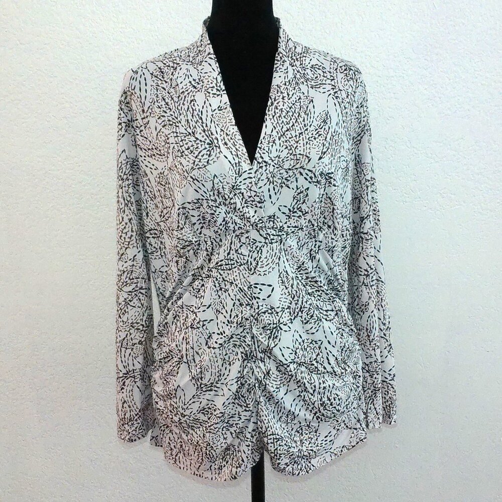 Rebound, White/black floral V-neck blouse, with gray glitters design